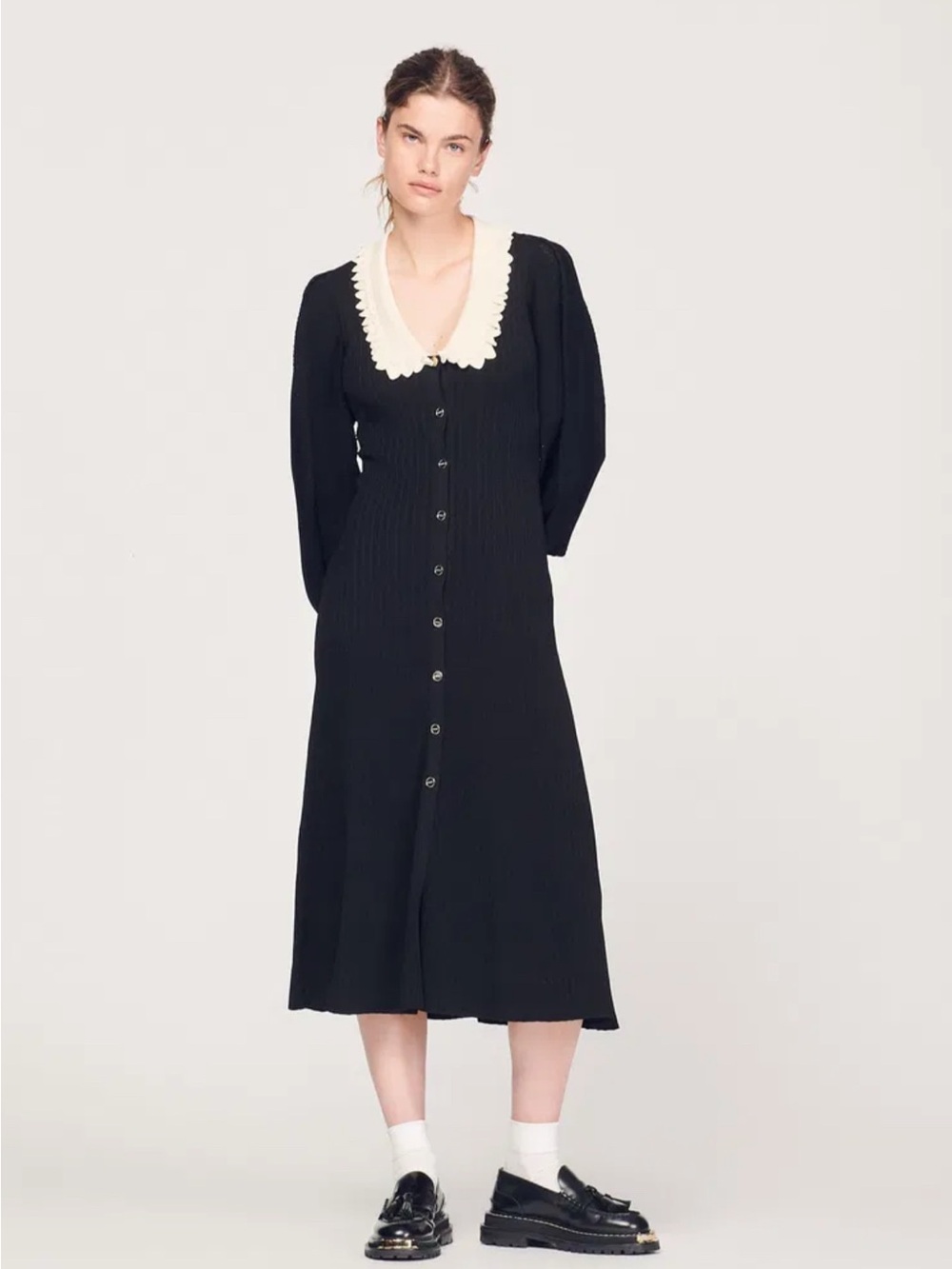 Sandro Black Maxi Dress with Cream Scalloped Collar